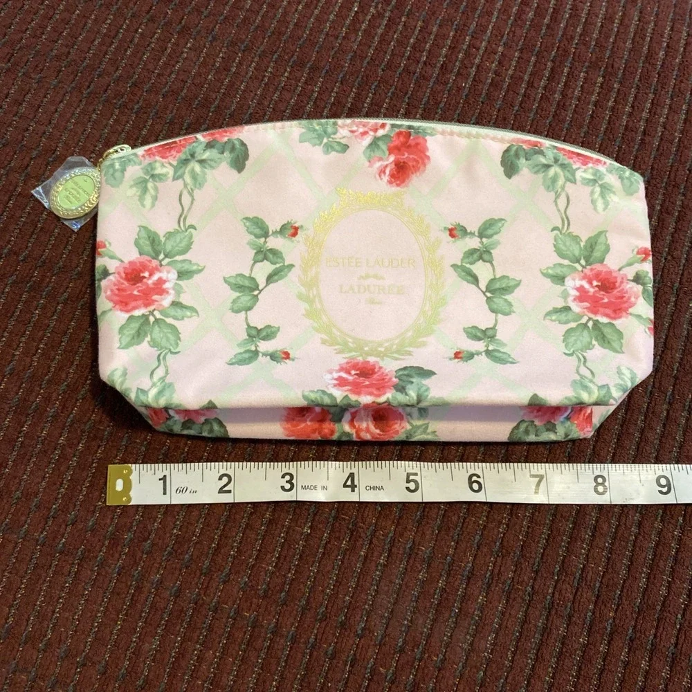 NEW ESTEE LAUDER X LADUREE MAKE-UP COSMETIC BAG ROSE FLORAL PATTERN PINK